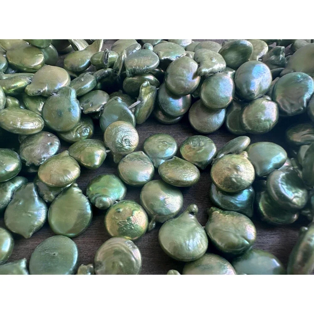 13-15 mm deep forest green Big freshwater pearl, Baroque coin l pearls for DIY